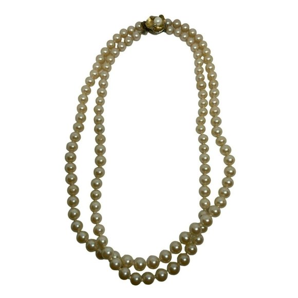 Vintage 1960s Double Stranded Faux Pearl Necklace with Gold tone and Faux Pearl - Picture 1 of 5